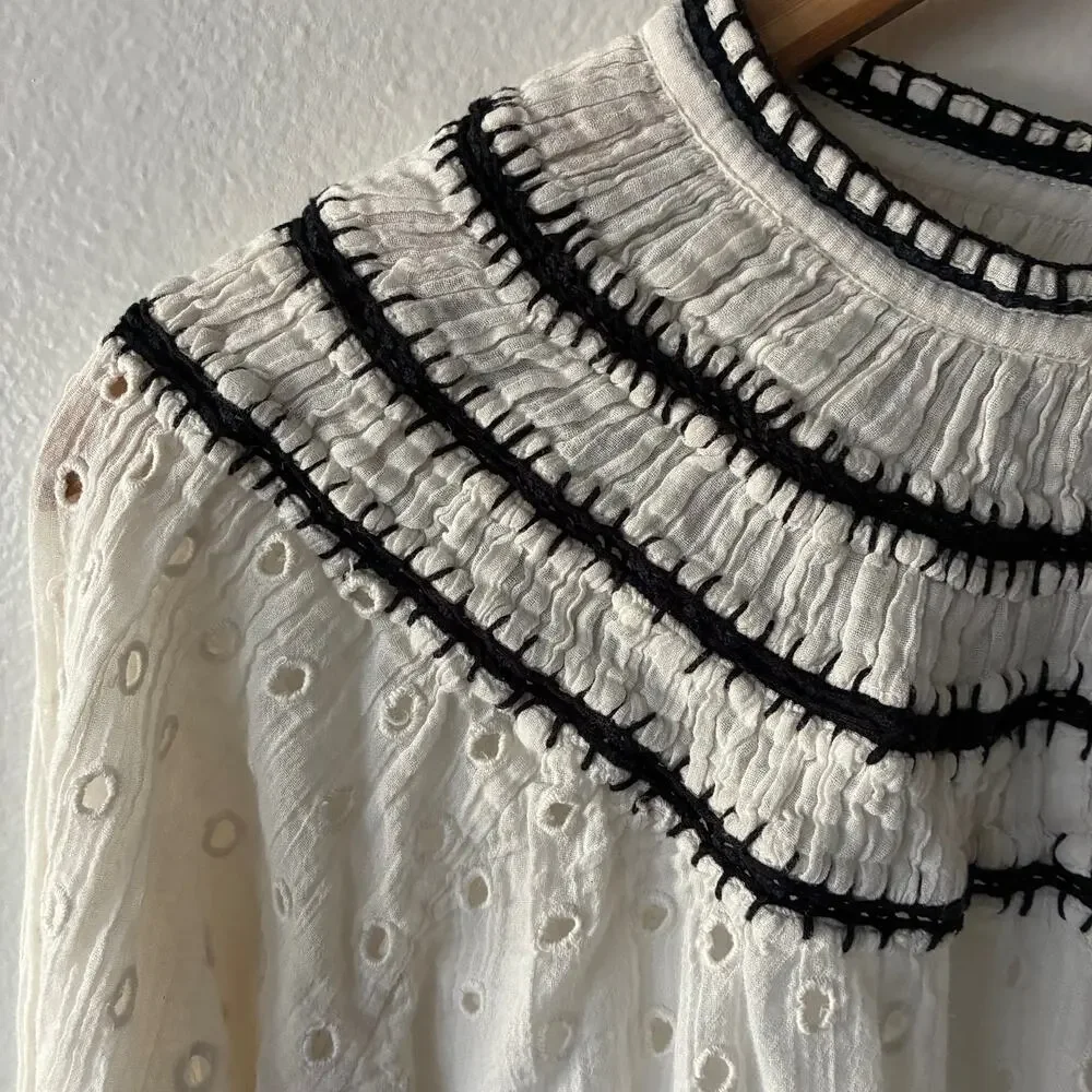 Lulus White Eyelet Cotton Blouse Black Trim Mock Neck Long Sleeve XS - Picture 2 of 12
